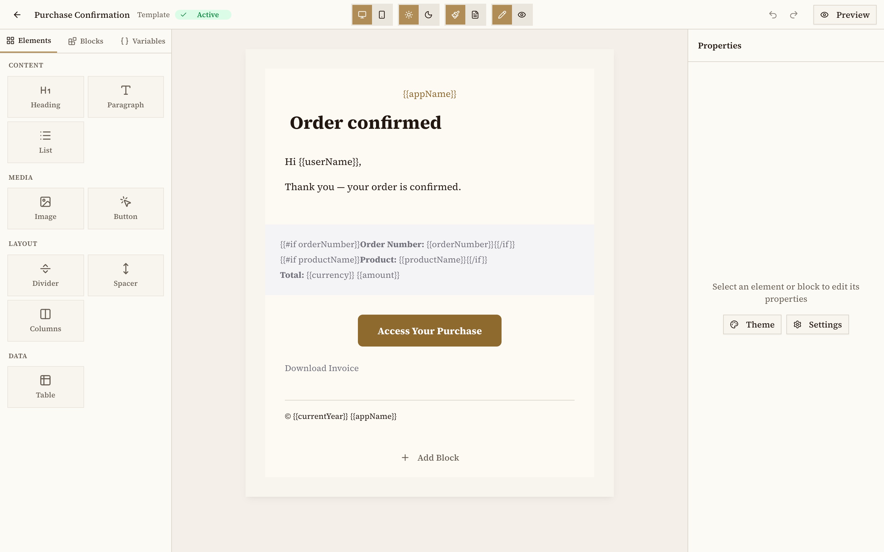 The email builder editing a themed purchase confirmation