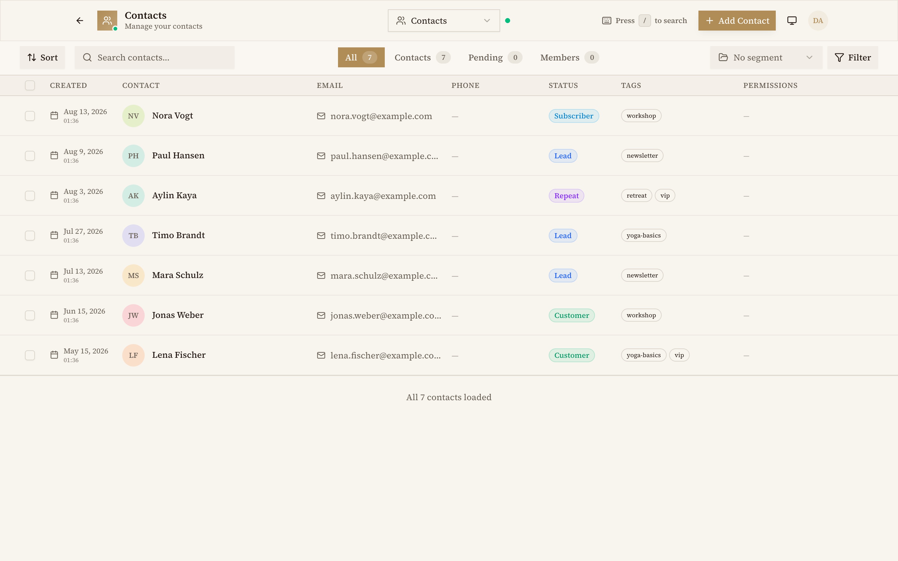 The contacts table with roles, tags and statuses