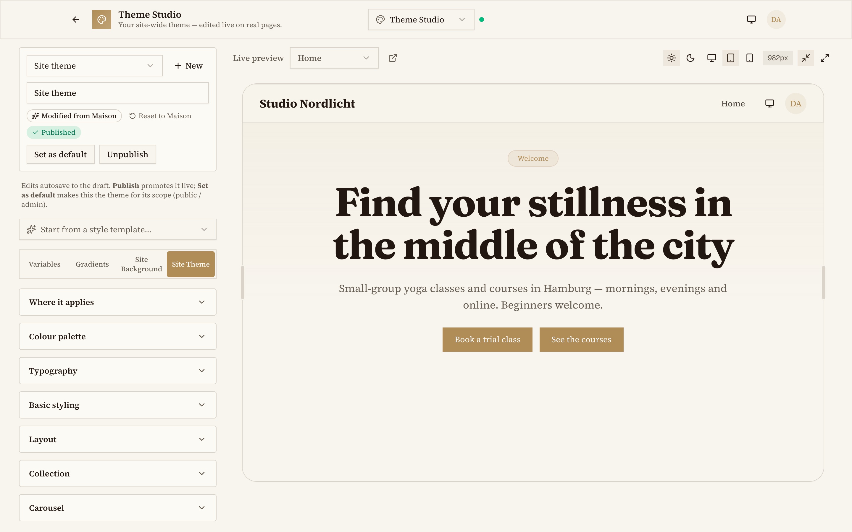 Theme Studio editing palette and typography on a live page