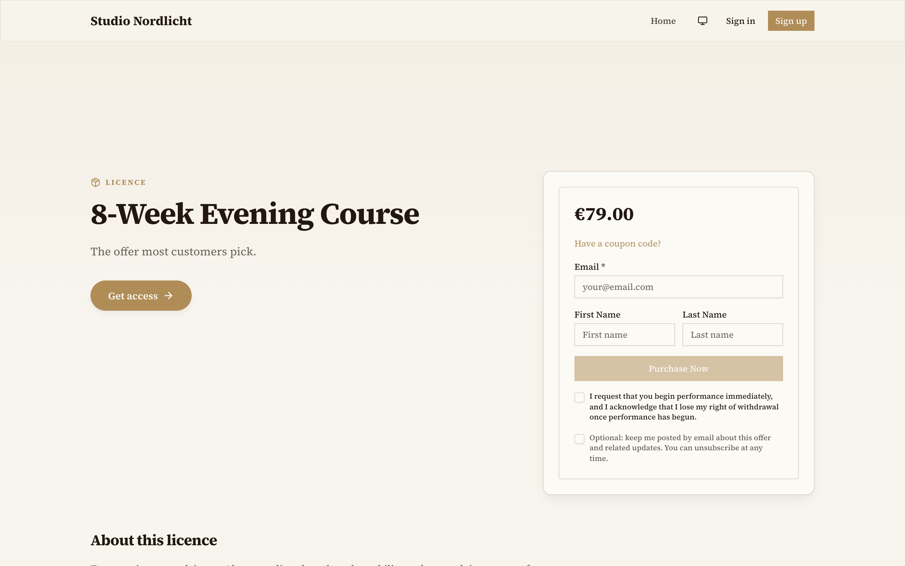 A sales page with the built-in checkout panel