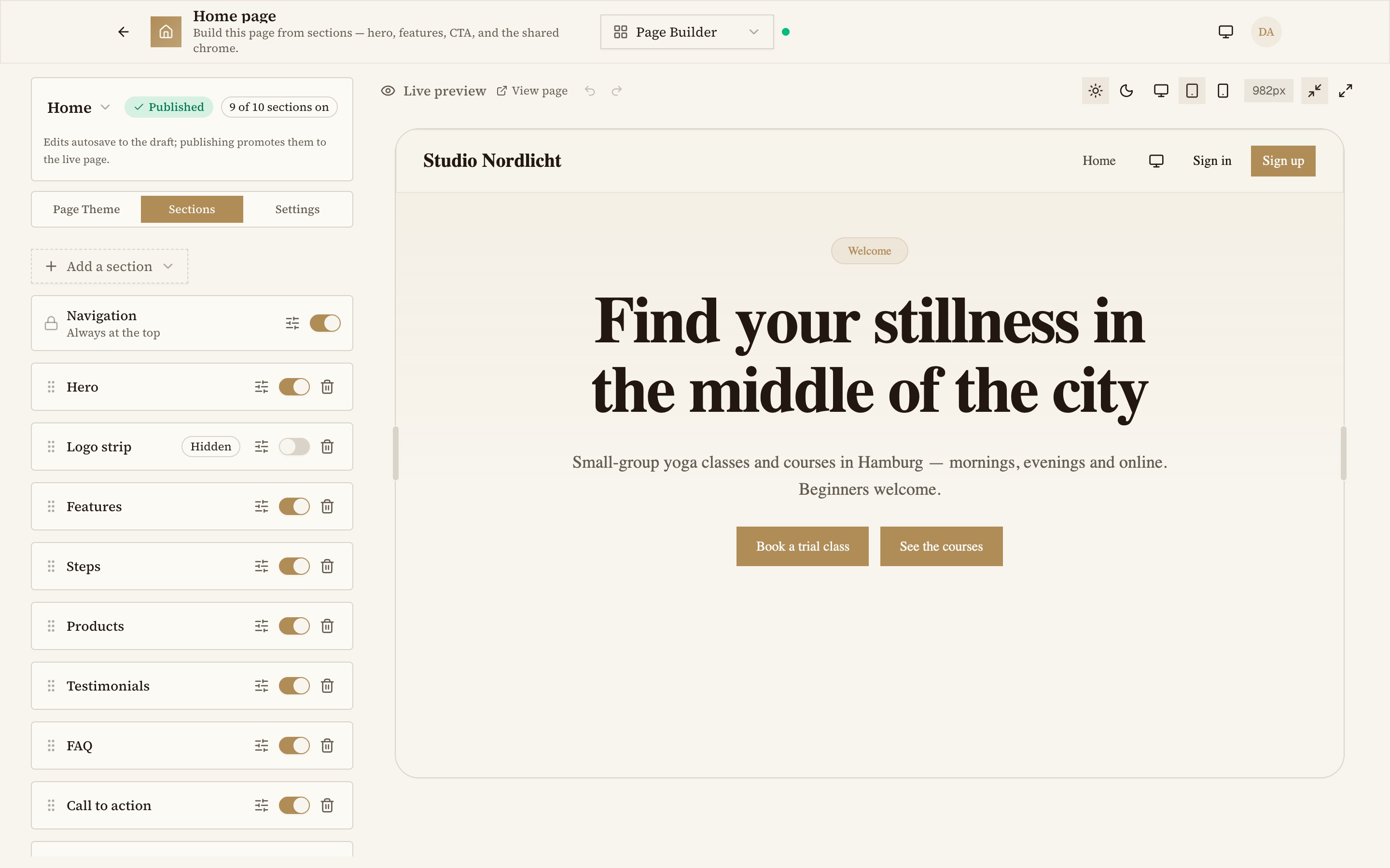 The page builder with section rail and live preview