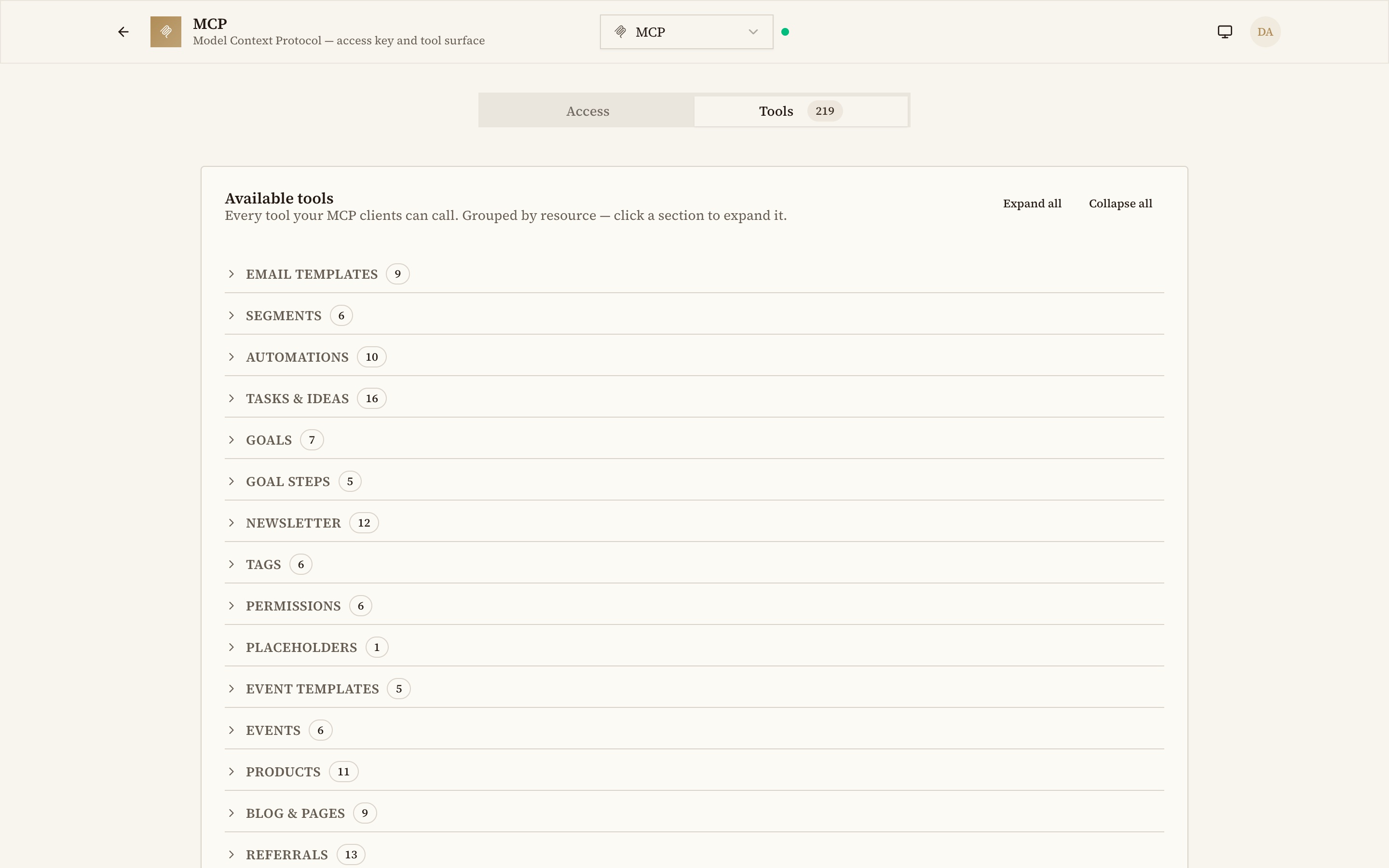 The MCP tool surface grouped by resource
